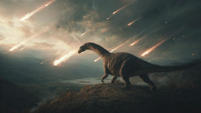 meteor rain falling from sky to ground of prehistoric time with a long neck dinosaur looking at sky