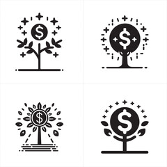 Dollar Tree Silhouettes – Financial Growth Symbol Icons – Concept Art of Trees Sprouting Currency to Illustrate Investment Returns