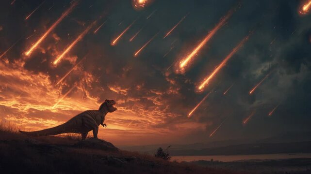 meteor rain falling from sky to ground of prehistoric time with T-rex dinosaur looking at sky