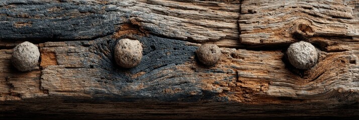 Close up of weathered wood with textured balls embedded in the surface revealing natural aging and erosion effects over time