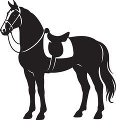Horse with saddle silhouette black white, Riding horse side view illustration