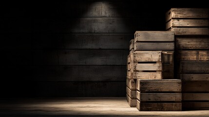 Wooden crates stacked in a dimly lit room, illuminated by a single light source. The rough texture of the wood contrasts with the darkness, creating a moody and evocative atmosphere.