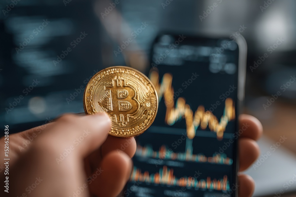 Aufkleber close-up of a hand holding a shiny bitcoin against a mobile phone displaying fluctuating crypto char