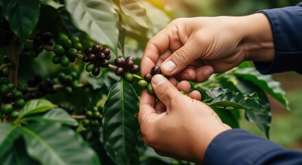 Hands Picking Coffee Beans Close Up Agriculture Harvest Farmer Plantation Aromatic Crop Concept Photo