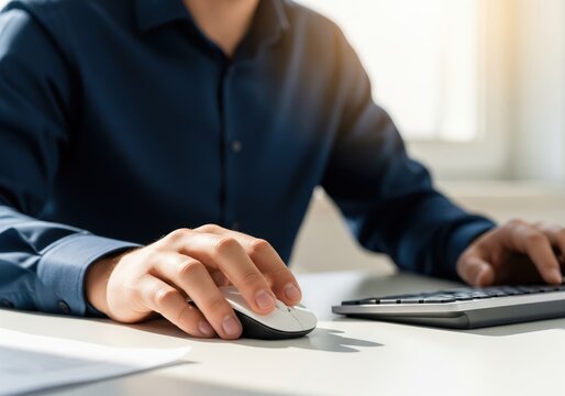Man Hands Using Computer Mouse On Desk Close Up Office Work Click Scroll Technology Business Concept Photo