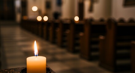 Burning candle in a dimly lit church aisle