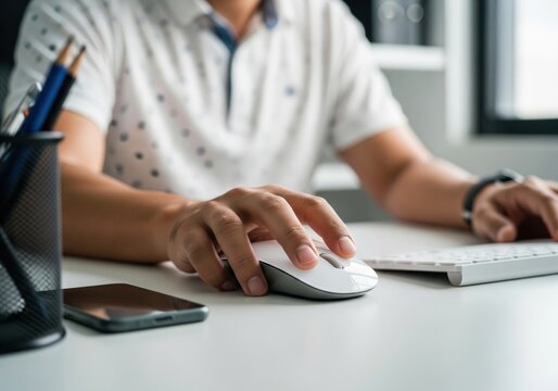 Man Hands Using Computer Mouse On Desk Close Up Office Work Click Scroll Technology Business Concept Photo