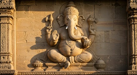 Detailed bas-relief carving of Ganesha on a stone temple wall