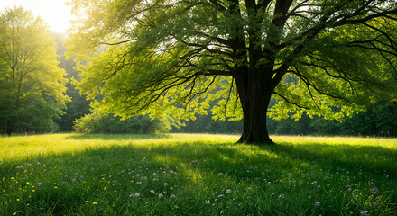 Sun Drenched Meadow Landscape with Wildflowers and Shaded Tree in Summertime