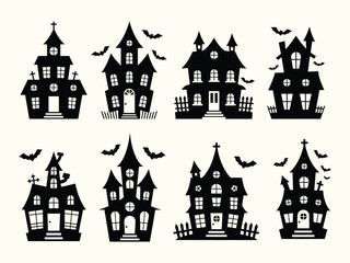 A collection of scary haunted mansions and flying bats for all your fright night design projects.