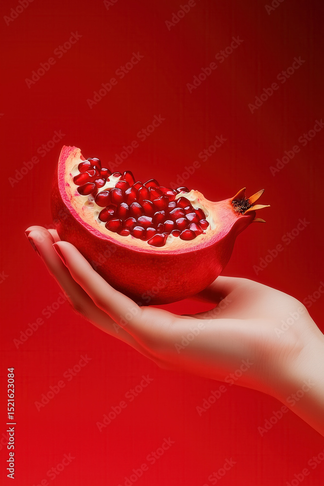 Aufkleber hand presents split open pomegranate showing rich red seeds with a smooth texture. bright red backgr