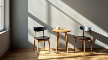 Minimalist wooden table and chairs in a sunlit room