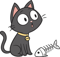 Cute Cartoon Black Cat with Surprised Expression and Fish Bones  Playful Flat Illustration on White Background