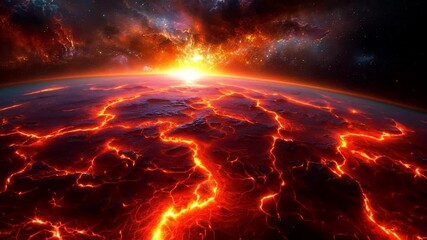 Fiery Earth: Dramatic view of an active volcanic planet with molten lava, a celestial scene from a science fiction concept.  - Powered by Adobe