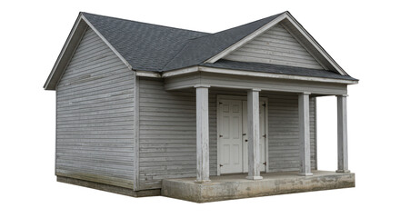 Isolated Old Weathered Cottage with White Columns and Porch