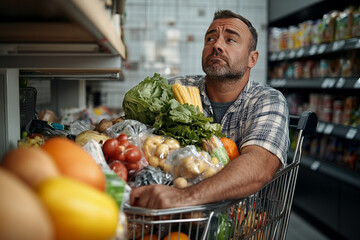 Man with a trolley full of groceries looking tired after a long shopping trip
