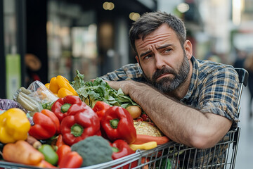 Man with a trolley full of groceries looking tired after a long shopping trip
