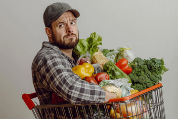 Man with a trolley full of groceries looking tired after a long shopping trip