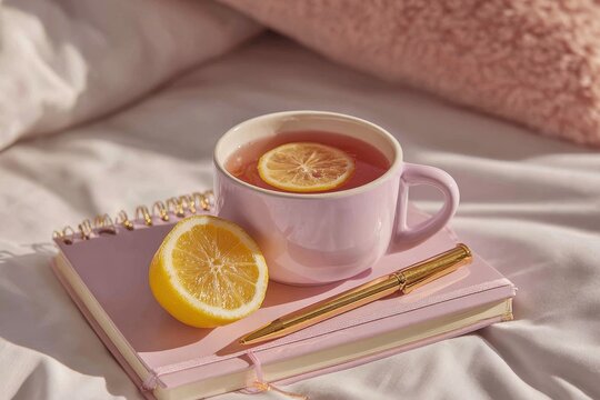 A cozy and calming image of a pink mug of tea with lemon, placed on a pink notebook next to a golden pen, on a soft white bed with a pink pillow.