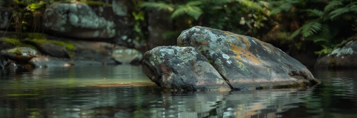 solitary weathered granite rock in turquoise pool with lichen patterns – great for peaceful nature scenes, geology, or wilderness photography