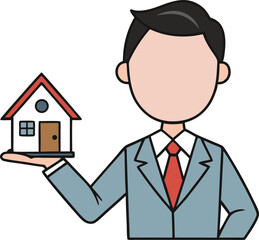 Illustration of a faceless real estate agent holding a small house icon. Perfect for property services, realty business, or housing advertisements. Clean and professional flat vector art.
