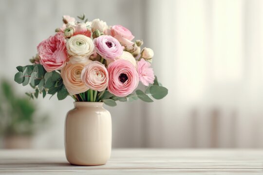 Elegant bouquet of pink and cream ranunculus flowers in a ceramic vase, placed on a light wooden surface with soft, blurred background, creating a serene, floral arrangement.