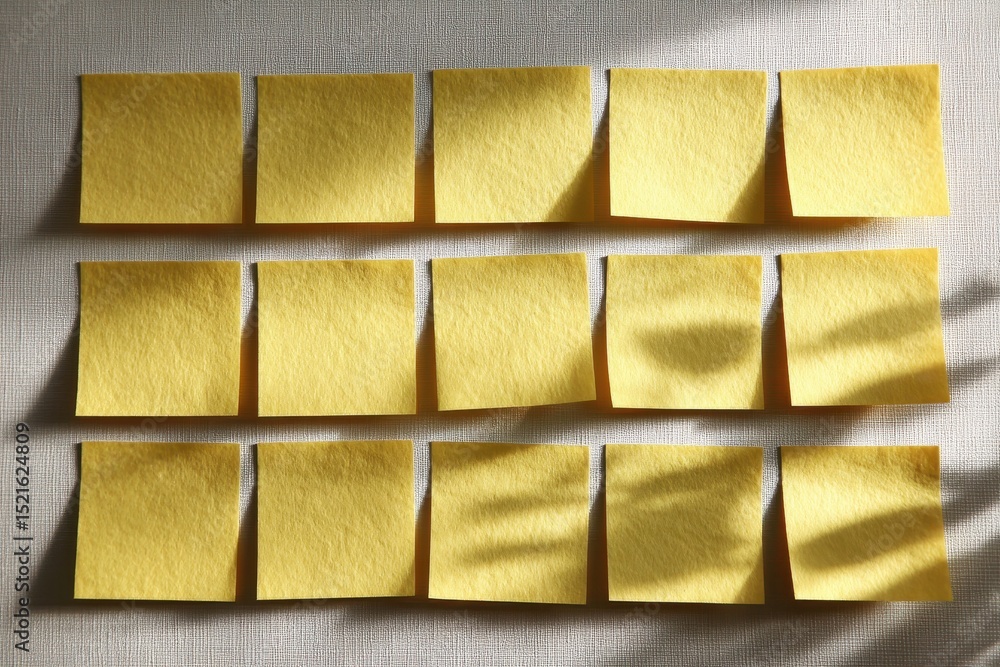 Poster a grid arrangement of blank yellow sticky notes on a textured surface, casting light and shadow patt