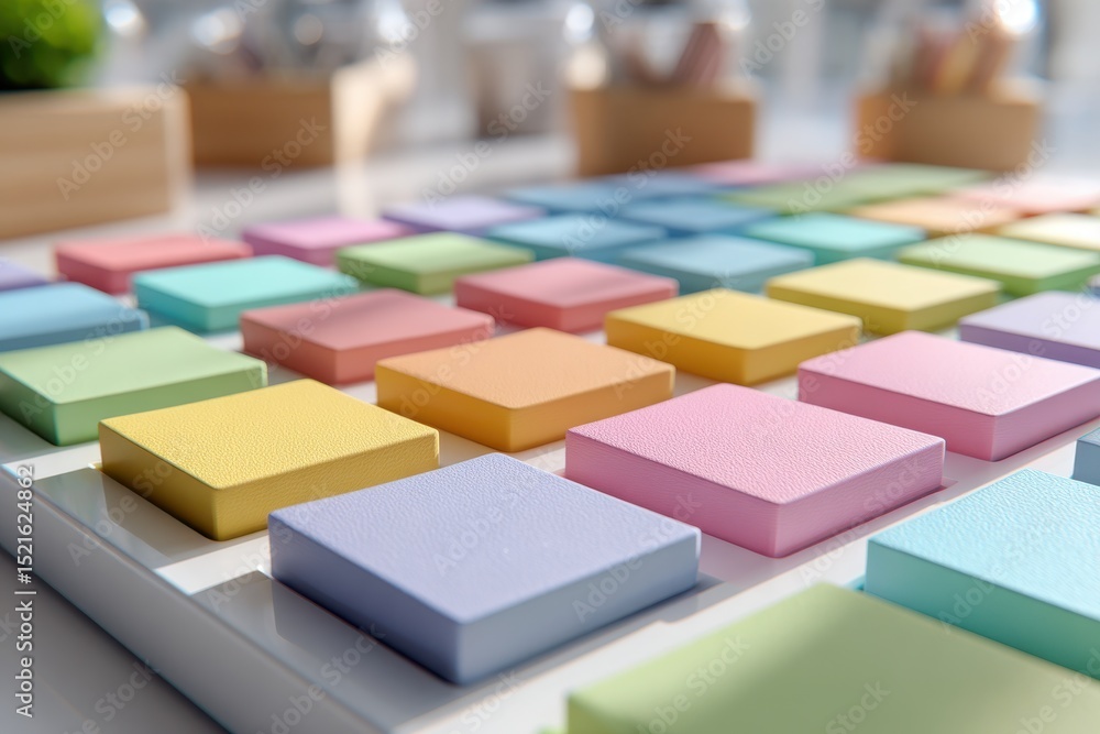 Poster close-up of a grid of pastel-colored square blocks on a white surface, creating a vibrant and playfu