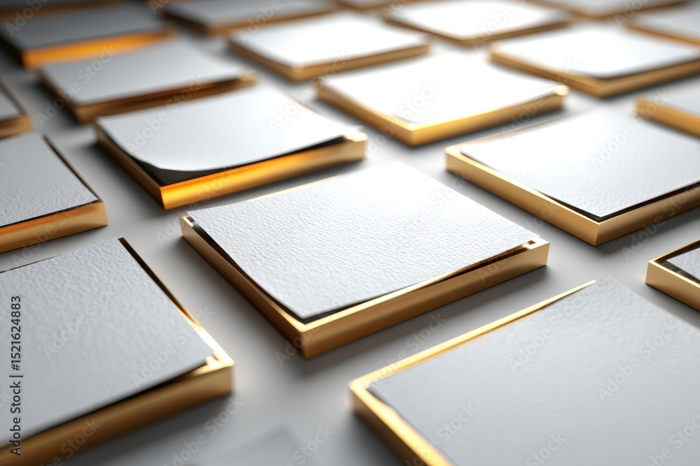 Poster Close-up studio shot of white paper with golden frame. Abstract design background with repeating square elements and subtle shadow creating a sense of depth and dimension.