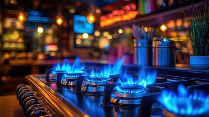Gas stove burners blazing blue flames