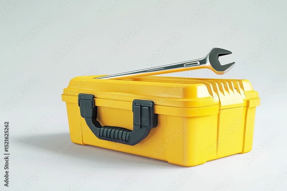 Poster plastic toolbox with screwdriver and wrench 3d rendering isolated on white background