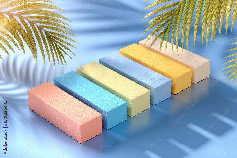 Aufkleber pastel colored blocks arranged in a row with palm leaf shadows on blue background, creating a cheerf