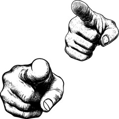 hand pointer points forward direction with index finger sketch engraving vector illustration. T-shirt apparel print design. Scratch board imitation. Black and white hand drawn image.