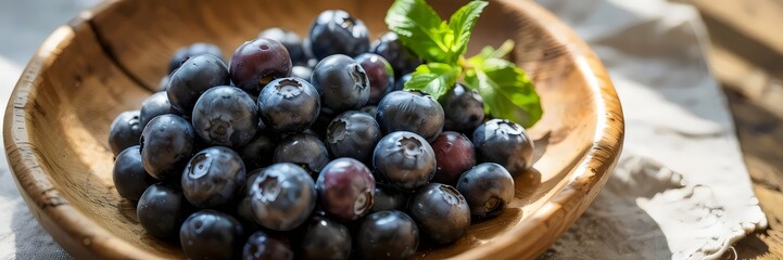 Fototapeta premium handful of plump blueberries spilling from rustic bowl with mint sprig – suitable for healthy recipes, natural ingredients, or fresh produce content