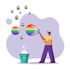 Fototapeta premium Person blowing rainbow colored bubbles with bubble wand and bucket in flat design vector illustration