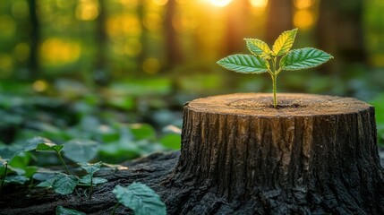 New sprout emerging from tree stump in forest