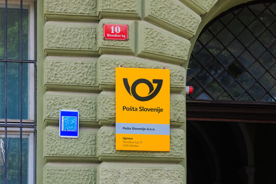Maribor, Slovenia: 3 June 2025: Post of Slovenia - Posta Slovenije, headquarters building sign