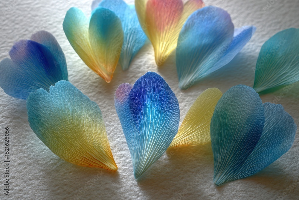 Poster abstract composition of delicate flower petals displaying a gradient of colors, from cool blues to w