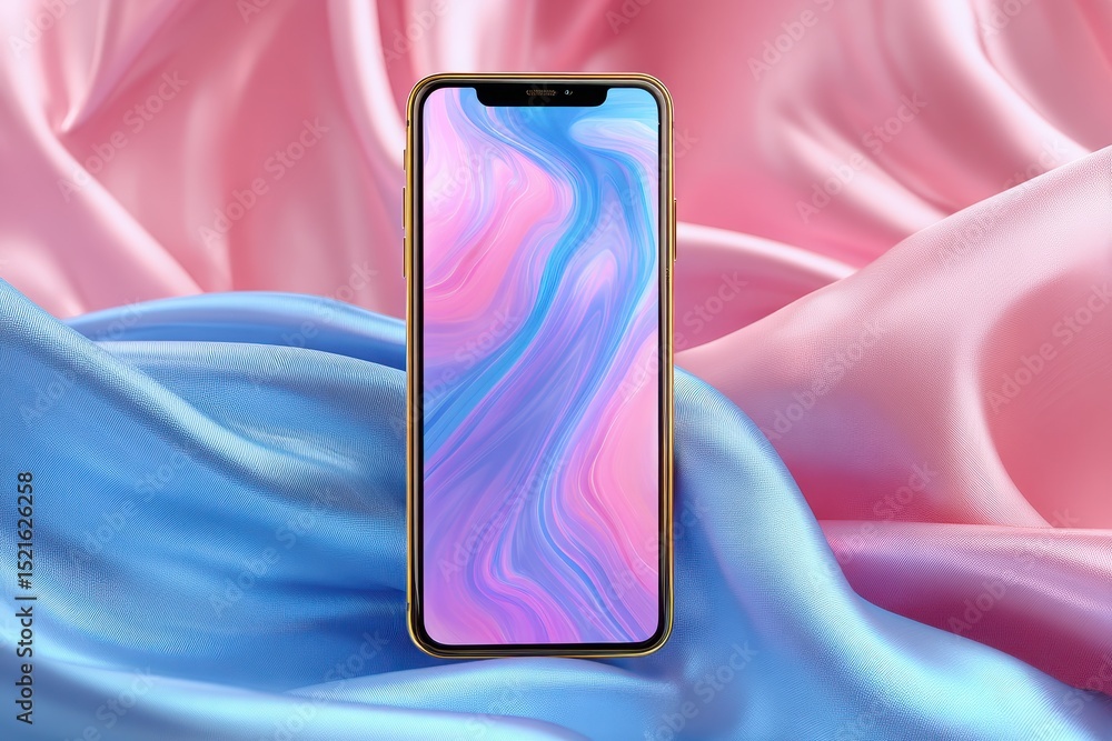 Poster close-up of modern smartphone with abstract color design on display, golden edges, set against folde