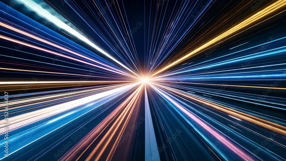 Poster abstract perspective view of neon light trails converging at a central vanishing point, creating a d