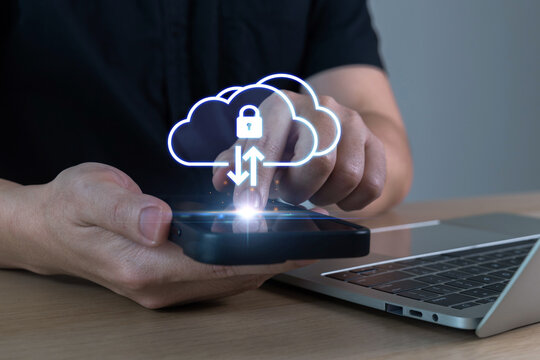 Cloud Computing Technology. people loading file on mobile smartphone with file transfer holographic AI technology icon, backup storage, artificial intelligence, cloud storage technology concept - Powered by Adobe