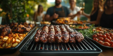 Gathering of friends enjoying a barbecue at dusk with grilled meat and side dishes in a lush garden setting