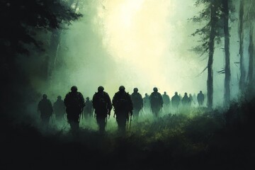 Soldiers Marching Through a Forest. Silhouettes of Military Personnel. Atmospheric Painting.