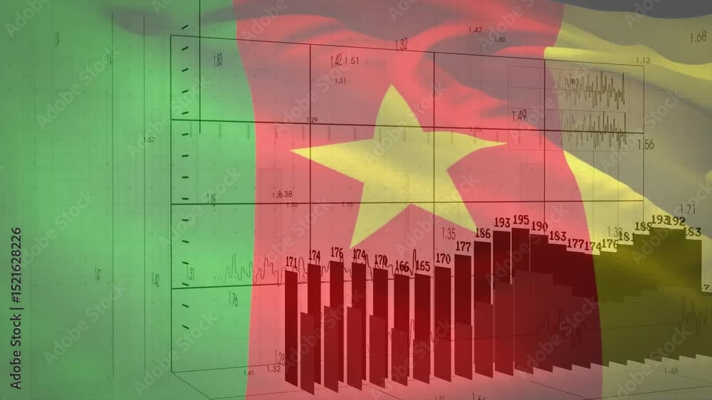 Poster cameroon flag waving causing grid to appear and animating chart and waveform for analysis reversing