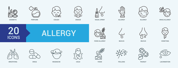 Allergy icon collection set with cosmetic, perfume, cough, sneeze, nasal spray, allergy, drug allergy, food allergy