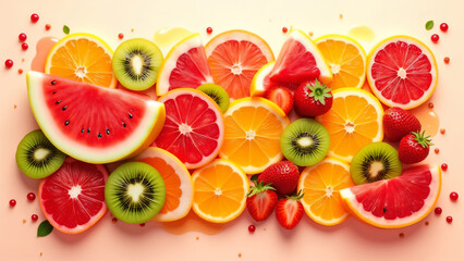 Naklejka premium Assorted slices of watermelon oranges grapefruits kiwis and strawberries laid out together