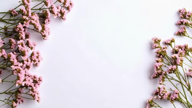 Elegant airy minimalist arrangement featuring pink statice flowers against a white backdrop with ample negative space for text overlay or graphic design.
