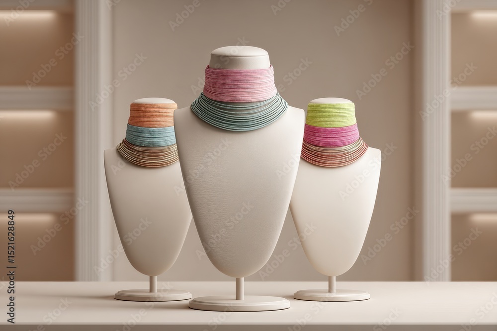 Poster elegant display of three colorful beaded necklaces on mannequin stands, showcasing intricate design 