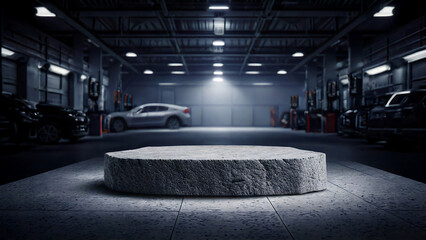 Stone podium in a modern car garage setting for product placement and advertisement