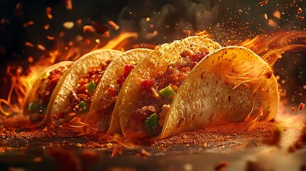 Delicious tacos food photography with fire and spice mexican cuisine meal
